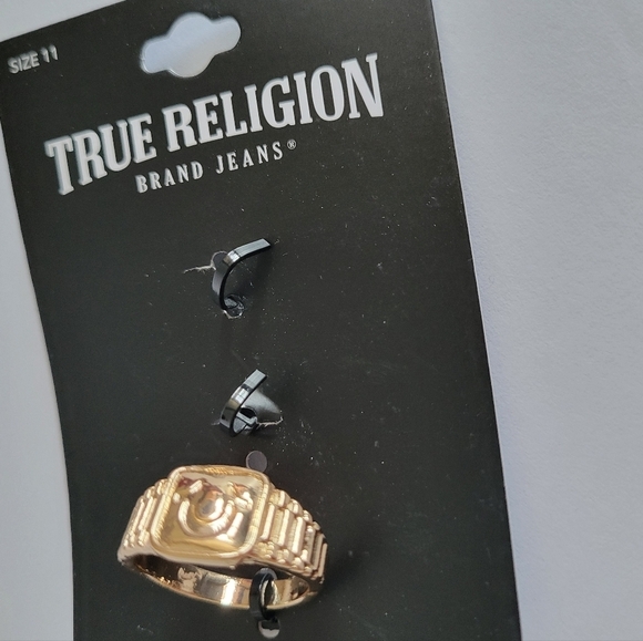 True Religion Gold Color Metallic Thick 3 Pack Logo Rings - Picture 5 of 7